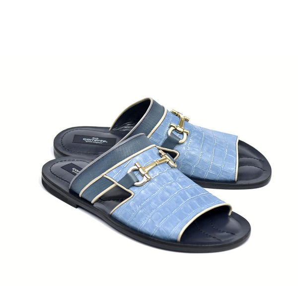 Corrente C0031 5827 Men's Shoes Blue Crocodile Print / Perforated Leather Sandals (CRT1270)-AmbrogioShoes