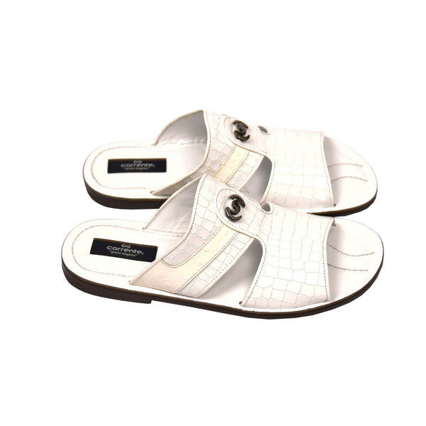 Corrente C0072 5829 Men's Shoes White Crocodile Print / Ostrich Leather Sandals (CRT1269)-AmbrogioShoes