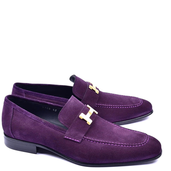 Corrente C02004 5760 Men's Shoes Purple Suede Leather H Buckle Loafers (CRT1296)-AmbrogioShoes