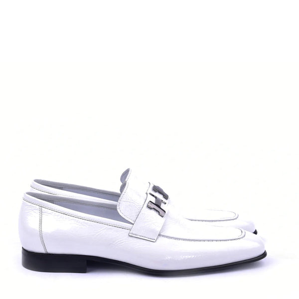 Corrente C02007 5760 Men's Shoes White Patent Leather H Buckle Loafers (CRT1342)-AmbrogioShoes