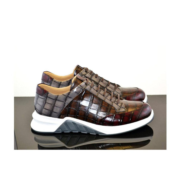 Corrente C034-5569 Men's Shoes Gray & Burgundy Crocodile Print / Calf-Skin Leather Sneakers (CRT1203)-AmbrogioShoes