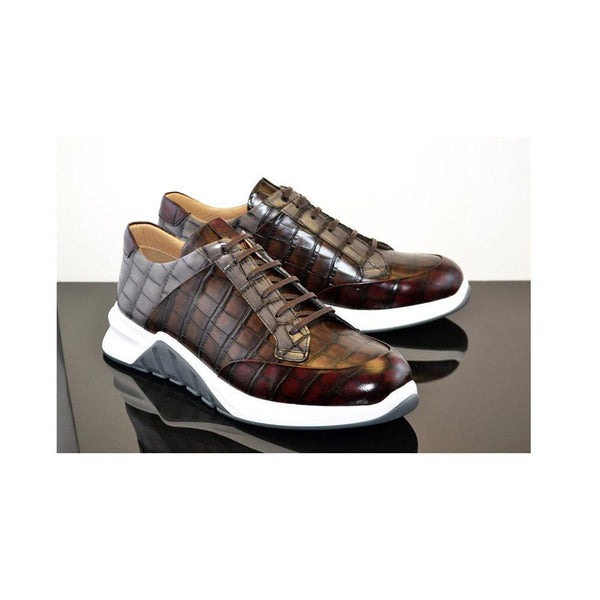 Corrente C034-5569 Men's Shoes Gray & Burgundy Crocodile Print / Calf-Skin Leather Sneakers (CRT1203)-AmbrogioShoes