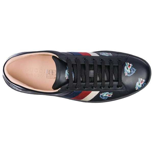 Gucci Ace Wolf Embroidered Sneakers Black Leather Trainers 386750 OH810 (GG1703)-AmbrogioShoes