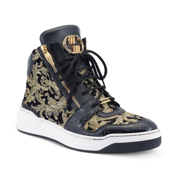 Mauri 24 K 8494 Men's Shoes Black & Gold Exotic Alligator / Damask Fabric / Calf-Skin Leather Casual High-Top Sneakers (MA5497)-AmbrogioShoes