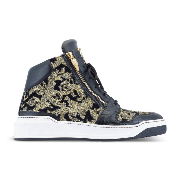 Mauri 24 K 8494 Men's Shoes Black & Gold Exotic Alligator / Damask Fabric / Calf-Skin Leather Casual High-Top Sneakers (MA5497)-AmbrogioShoes