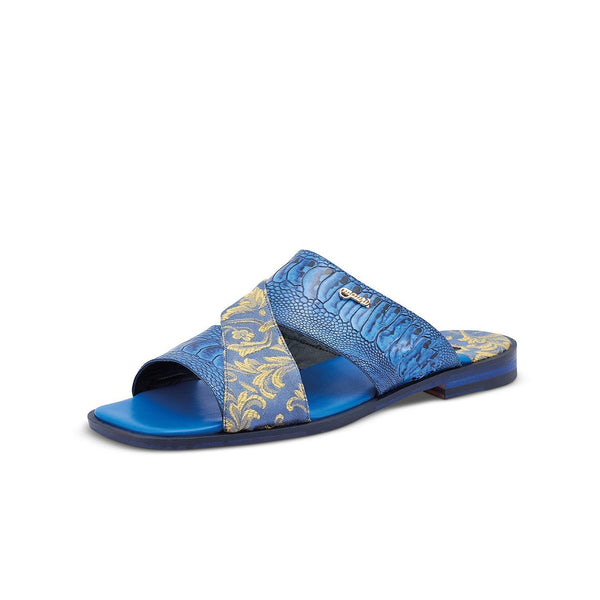 Mauri 5140 Men's Shoes New Blue Exotic Ostrich Leg / Gobelins Fabric Slip-On Sandals (MA5416)-AmbrogioShoes