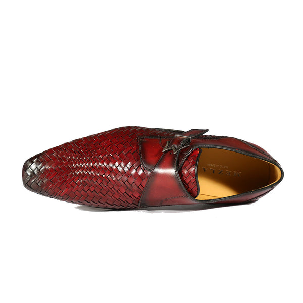 Mezlan S20271 Men's Shoes Burgundy Woven / Calf-Skin Leather Dress Opanka Monk-Straps Loafers (MZS3484)-AmbrogioShoes