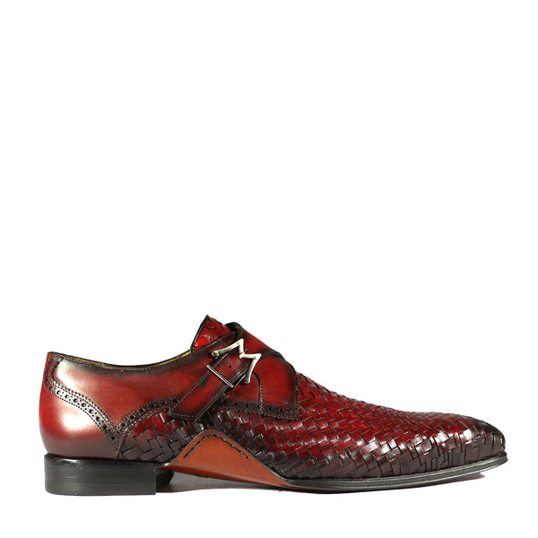 Mezlan S20271 Men's Shoes Burgundy Woven / Calf-Skin Leather Dress Opanka Monk-Straps Loafers (MZS3484)-AmbrogioShoes