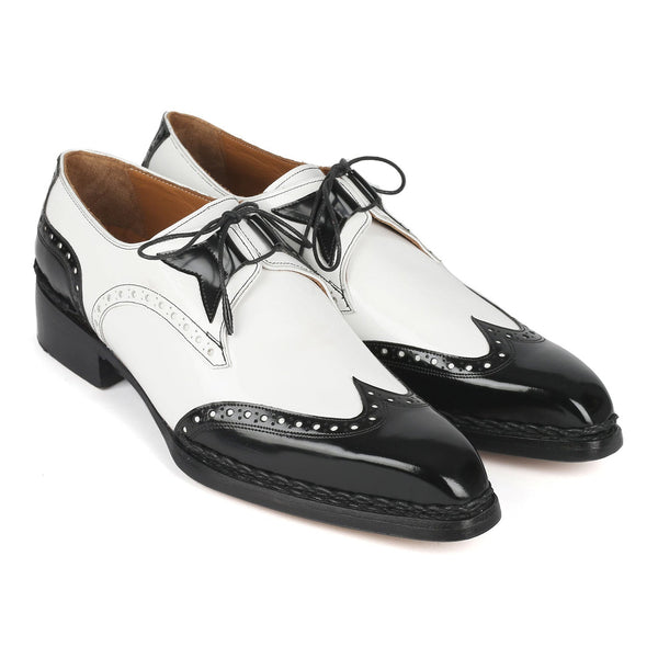 Paul Parkman 8505-BNW Men's Shoes Black & White Calf-Skin Leather Norwegian Welted Dress Wingtip Oxfords (PM6380)-AmbrogioShoes