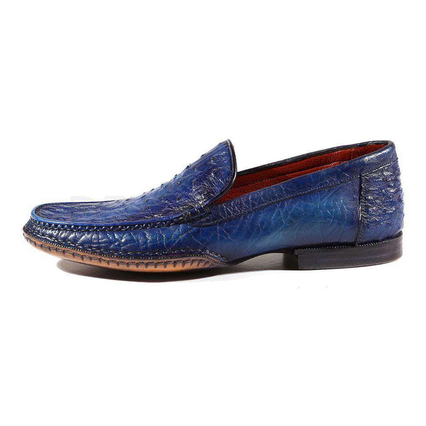 Paul Parkman Handmade Shoes Men's Shoes Opanka Construction Genuine Ostrich Blue Moccasins (PM2019)-AmbrogioShoes