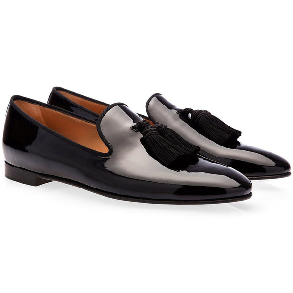 SUPERGLAMOUROUS Louis Men's Shoes Black Silk Patent Leather Tassel Slipper Loafers (SPGM1134)-AmbrogioShoes